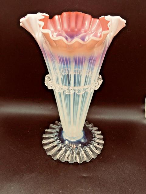 Victorian Pink Art Glass Trumpet Vase 10 Tall Hand Blown, Rigaree