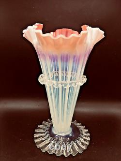 Victorian Pink Art Glass Trumpet Vase 10 Tall Hand Blown, Rigaree