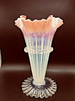 Victorian Pink Art Glass Trumpet Vase 10 Tall Hand Blown, Rigaree