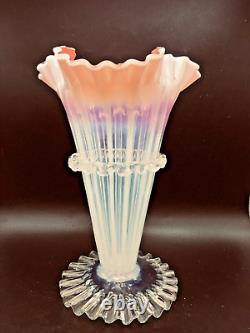 Victorian Pink Art Glass Trumpet Vase 10 Tall Hand Blown, Rigaree