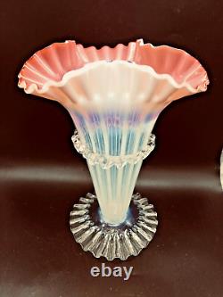 Victorian Pink Art Glass Trumpet Vase 10 Tall Hand Blown, Rigaree