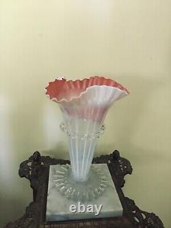 Victorian Pink Art Glass Trumpet Vase 10 Tall Hand Blown, Rigaree