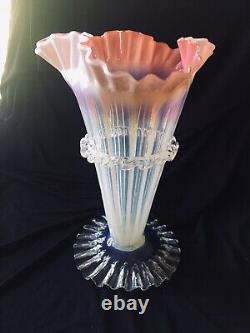 Victorian Pink Art Glass Trumpet Vase 10 Tall Hand Blown, Rigaree