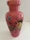 Victorian Pink Bristol Glass Vase Painted Bird And Floral Design Tall6