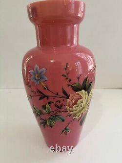 Victorian Pink Bristol Glass Vase Painted Bird and Floral Design Tall6 Victorian Pink Bristol Glass Vase Painted Bird and Floral Design Tall6
