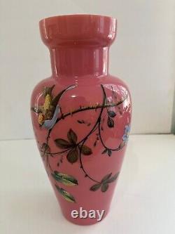 Victorian Pink Bristol Glass Vase Painted Bird and Floral Design Tall6 Victorian Pink Bristol Glass Vase Painted Bird and Floral Design Tall6