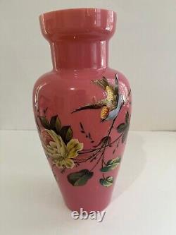 Victorian Pink Bristol Glass Vase Painted Bird and Floral Design Tall6 Victorian Pink Bristol Glass Vase Painted Bird and Floral Design Tall6