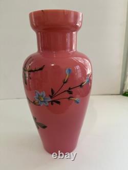 Victorian Pink Bristol Glass Vase Painted Bird and Floral Design Tall6 Victorian Pink Bristol Glass Vase Painted Bird and Floral Design Tall6