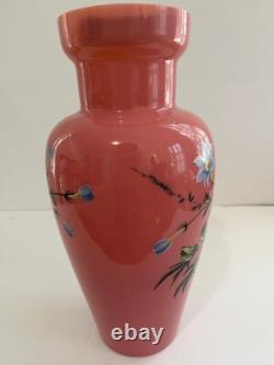 Victorian Pink Bristol Glass Vase Painted Bird and Floral Design Tall6 Victorian Pink Bristol Glass Vase Painted Bird and Floral Design Tall6