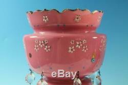 Victorian Pink Cased Enameled Mantle Lusters 14-1/2 Tall Beautiful Long Prisms