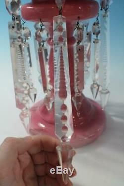 Victorian Pink Cased Enameled Mantle Lusters 14-1/2 Tall Beautiful Long Prisms