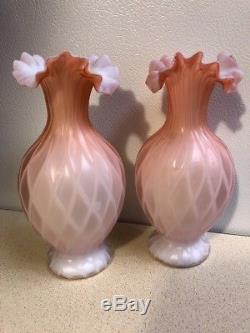 Victorian Pink Mother of Pearl Quilted Diamond Cased Satin Glass Vases
