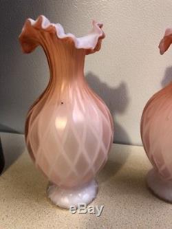 Victorian Pink Mother of Pearl Quilted Diamond Cased Satin Glass Vases