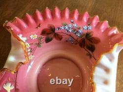 Victorian Pink Overlay Brides Basket Bowl Scalloped Edge Butterfly Flowers