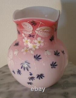 Victorian Pink Overlay Floral Enameled Art Glass Vase