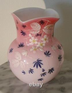 Victorian Pink Overlay Floral Enameled Art Glass Vase