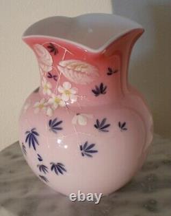 Victorian Pink Overlay Floral Enameled Art Glass Vase