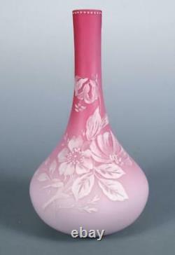 Victorian Pink Satin Peachblow Florentine Cameo Harrach Webb Art Glass Vase 1880