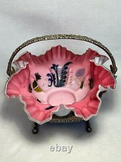 Victorian Pink & White Satin Art Glass Brides Basket-Meriden Silver Plate