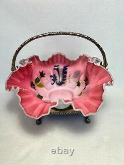 Victorian Pink & White Satin Art Glass Brides Basket-Meriden Silver Plate