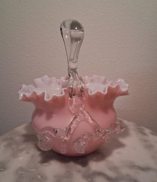 Victorian Pink With White Interior Art Glass Handled Basket