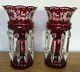 Victorian Pr Antique Bohemian Ruby Red Cut To Clear Art Glass Lusters With Prisms