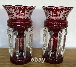 Victorian Pr Antique Bohemian Ruby Red Cut to Clear Art Glass Lusters with Prisms