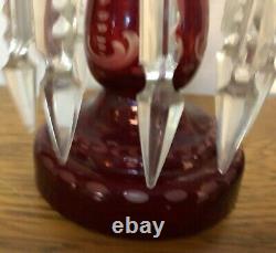 Victorian Pr Antique Bohemian Ruby Red Cut to Clear Art Glass Lusters with Prisms