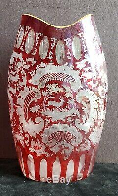 Victorian RED Cut to Clear ornate Hunting Theme Bohemian Glass Vase, Stag, Hound