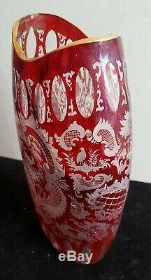 Victorian RED Cut to Clear ornate Hunting Theme Bohemian Glass Vase, Stag, Hound