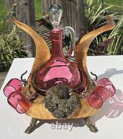 Victorian Ram Horns & Bronze Cranberry Art Glass Cordial Decanter Hunting Cabin