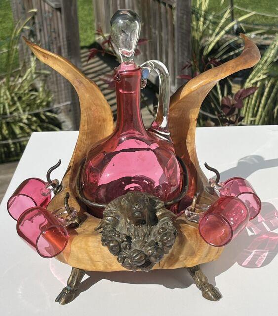 Victorian Ram Horns & Bronze Cranberry Art Glass Cordial Decanter Hunting Cabin