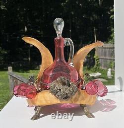 Victorian Ram Horns & Bronze Cranberry Art Glass Cordial Decanter Hunting Cabin