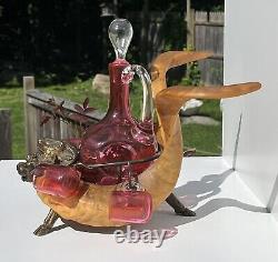 Victorian Ram Horns & Bronze Cranberry Art Glass Cordial Decanter Hunting Cabin