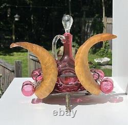 Victorian Ram Horns & Bronze Cranberry Art Glass Cordial Decanter Hunting Cabin