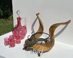 Victorian Ram Horns & Bronze Cranberry Art Glass Cordial Decanter Hunting Cabin