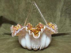 Victorian Rare Spangle Art Glass Handled Basket Vase Ruffled Edge Colorful