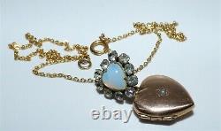 Victorian Rg Rose Gold Puffy Heart Locket Opaline Paste Double Heart Necklace