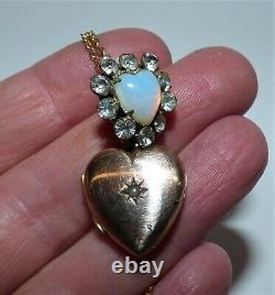 Victorian Rg Rose Gold Puffy Heart Locket Opaline Paste Double Heart Necklace