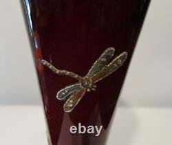 Victorian Rich Burgundy Cased Glass with Coralene Flowers & Dragonfly