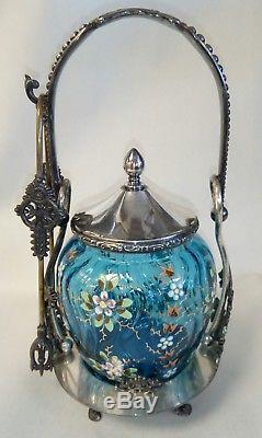 Victorian Roger, Smith & Co. Quadruple Plate Blue Glass Enameled Pickle Castor