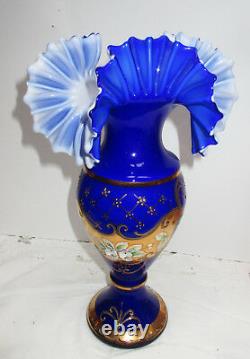 Victorian Ruffle Rim Vase ART NOUVEAU Kobalt Blue white Overlay enameld