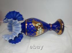 Victorian Ruffle Rim Vase ART NOUVEAU Kobalt Blue white Overlay enameld