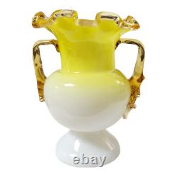 Victorian Ruffled Hand Blown Art Glass Posey Vase Applied Glass Thorn Handles