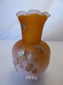 Victorian Satin Fading Peach Colour Glass Vase With Hand Gilded Decoration