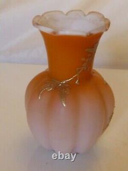 Victorian Satin Fading Peach Colour Glass Vase With Hand Gilded Decoration