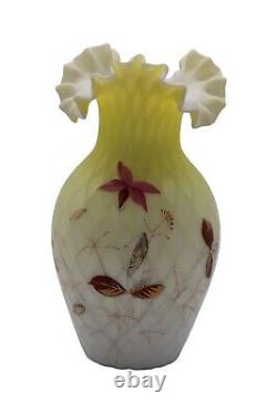 Victorian Satin Yellow Diamond Quilted Ruffled Hand Blown Vase