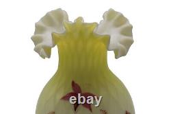 Victorian Satin Yellow Diamond Quilted Ruffled Hand Blown Vase