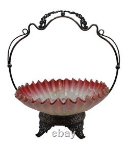 Victorian Silver Plated Brides Basket 10 Harrach Cranberry Art Glass Bowl UV+
