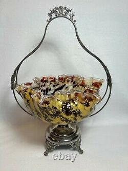 Victorian Splatter Tortoise Shell Art Glass Brides Basket-Monarch Silver Plate